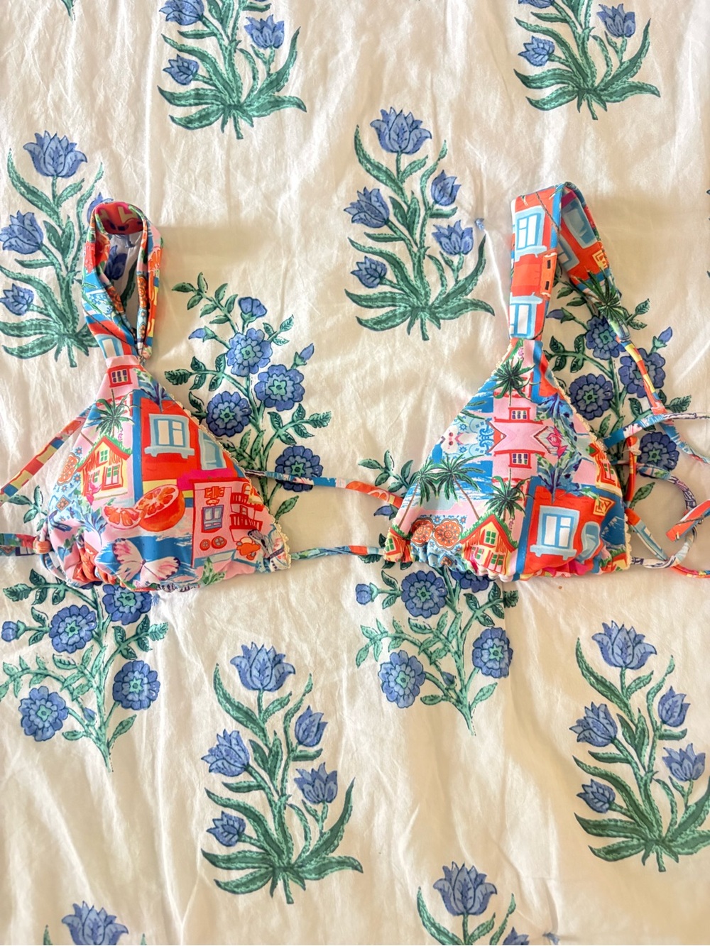 SHEIN Coral Pink Blue Orange Tropical Triangle Bikini Top